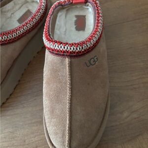 UGG Brown Suede Slippers with Red Accents
